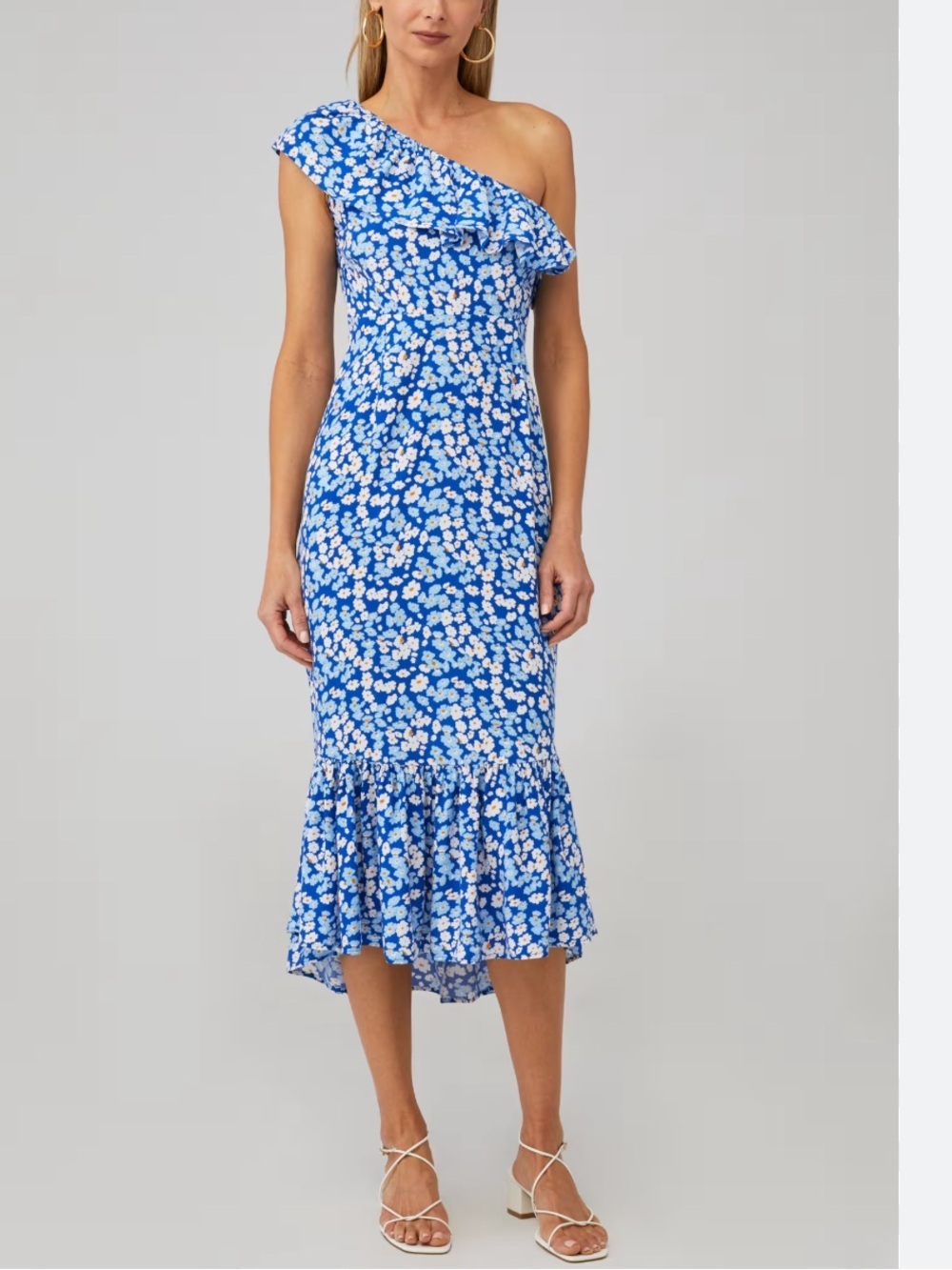 Rue Stiic Westcott One Shoulder Floral Midi Dress Blue Pansy Print 39265